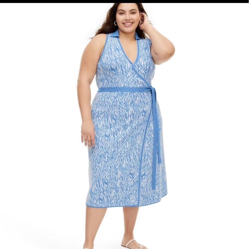 Diane von Furstenberg for Target Wrap Dress XL Blue Ginkgo Leaf Good Midi Knit